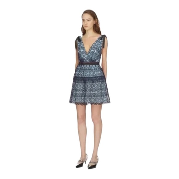 NWT SELF-PORTRAIT Blue Guipure Lace Tie Shoulder Tiered Mini Dress Size 00 - Picture 7 of 13